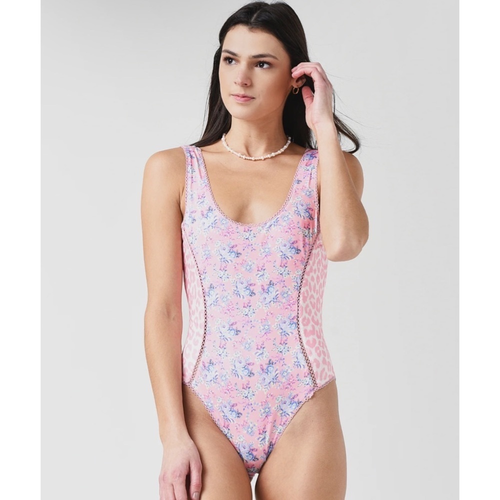 LoveShackFancy floral pink deep low scoop back one piece swimsuit